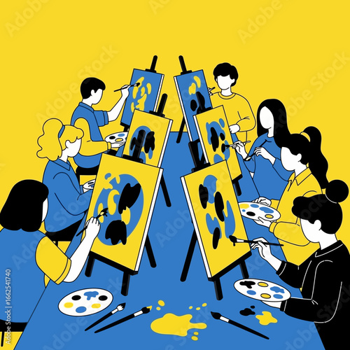 Diverse group of people engaged in a vibrant painting class session.