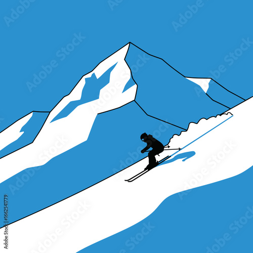 Dynamic black silhouette skier descending snowy slope minimalist style illustration.