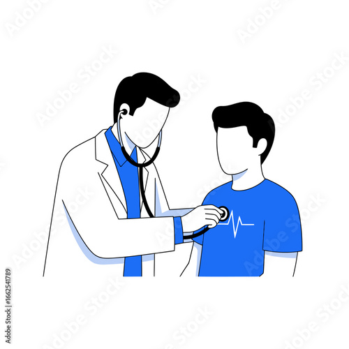 Doctor examining patients chest with stethoscope showing heartbeat line in a modern flat vector illustration style.