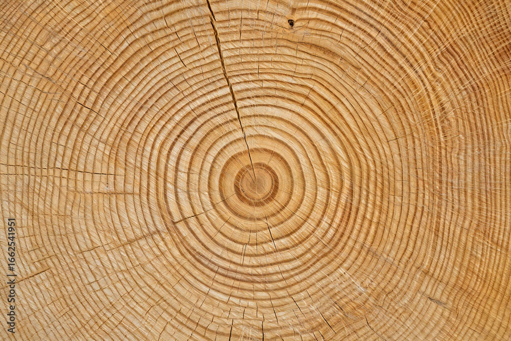 Fototapeta premium Nature Background Detailed Close up of Light Brown Wood Cross Section Showing Growth Rings and Texture