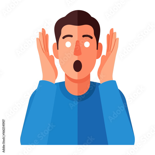 Astonishment in Blue: An animated male figure embodies pure shock, hands framing a wide-eyed, open-mouthed expression of surprise and disbelief.
