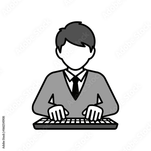 Grayscale illustration of a man typing on a keyboard wearing a shirt tie and sweater.