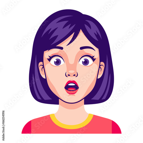 Astonished Expression: A cartoon illustration of a young woman's face displaying an expression of utter surprise, her eyes wide and mouth agape, depicting the moment of shock, wonder, or disbelief.
