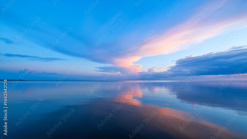 Fototapeta premium Nature Background Serene Sunset Reflection on Calm Water Pink and Blue Sky Peaceful Ocean Landscape