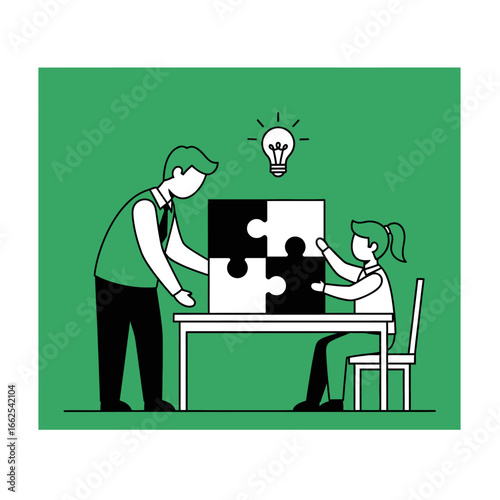 Man and girl assembling a jigsaw puzzle on a table lightbulb above.