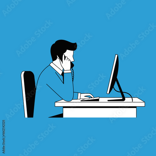 Man at Desk Answering Phone Working on Computer Minimalist Illustration.