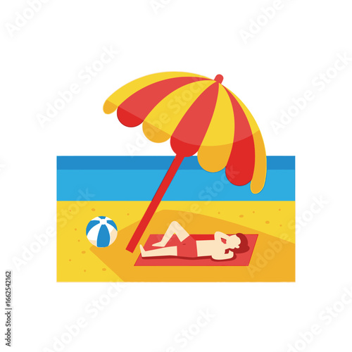 Man sunbathing on beach under striped umbrella with beach ball.