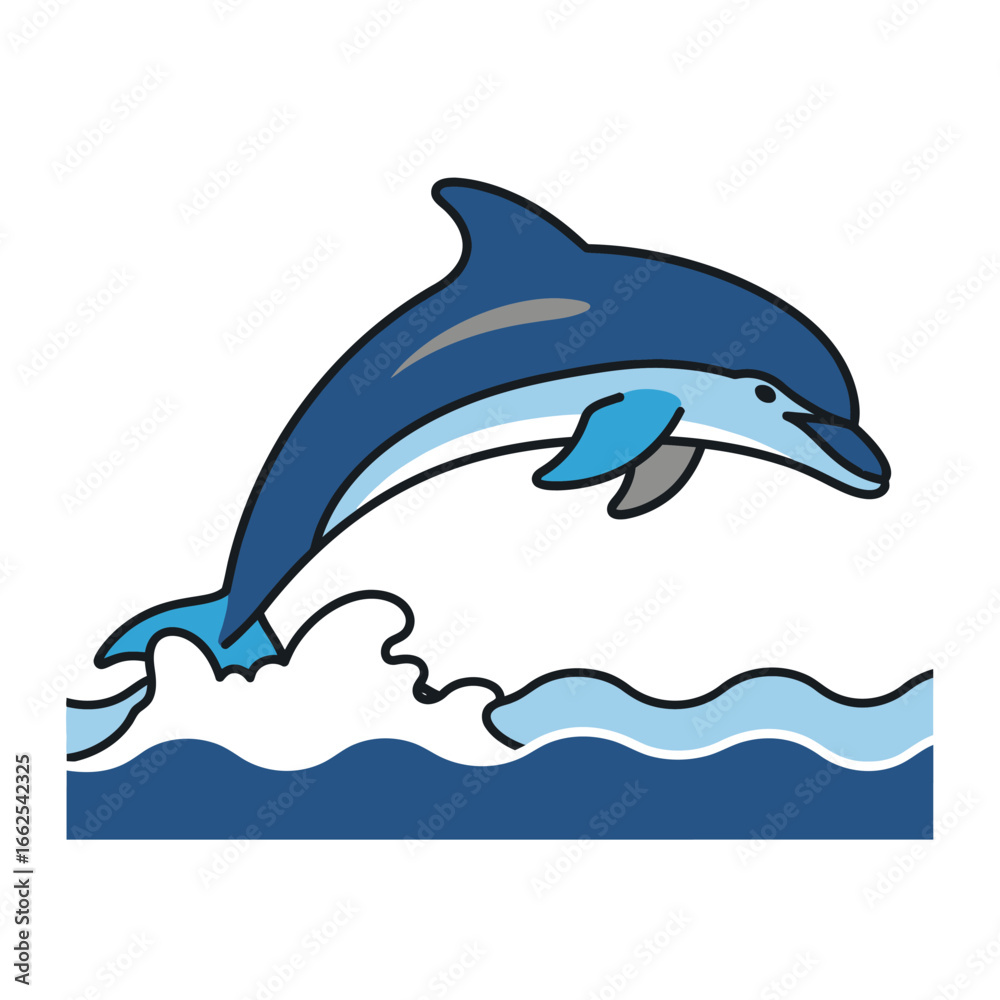 Fototapeta premium Playful Cartoon Blue Dolphin Leaping from Stylized Waves Marine Animal Illustration.