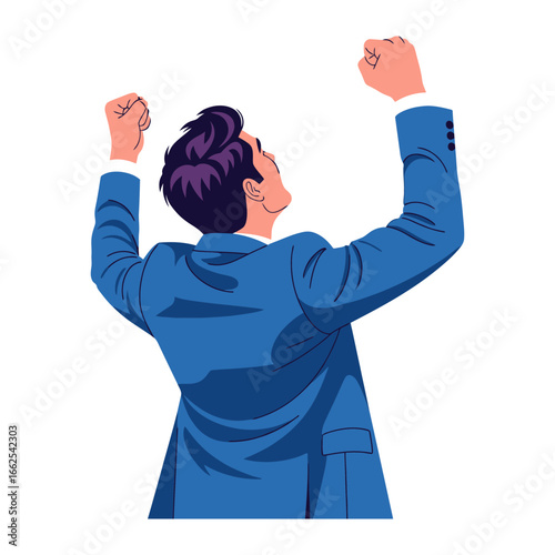 Victorious Man with Raised Arms: An illustrated portrayal of a triumphant man with raised arms, celebrating a personal or professional victory, expressing elation and achievement