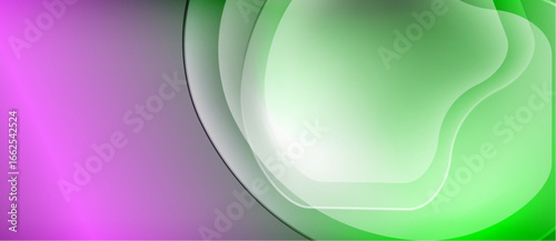 Abstract gradients blend purple, green hues. Layered shapes create fluid, modern visual effect. Soft shadows add depth.