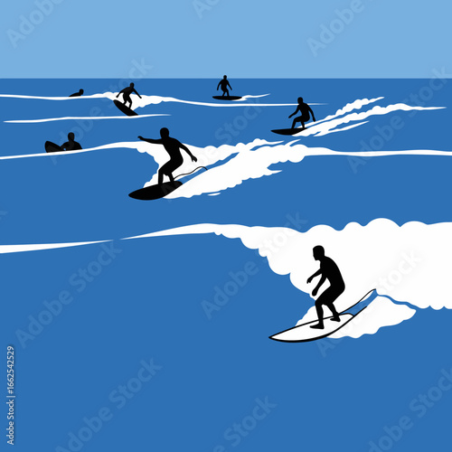 Silhouetted Surfers Riding Ocean Waves with White Foam and Blue Water.