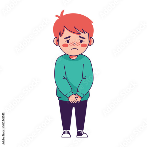Sad Boy: A young boy is depicted standing alone in the face of adversity, head slightly bowed, body language conveys dejection.