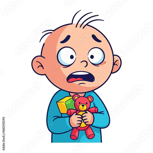 Anxious Child with Teddy Bear: A child in a distressed state, clutching a teddy bear, epitomizes the raw emotion of fear and worry with detailed illustration