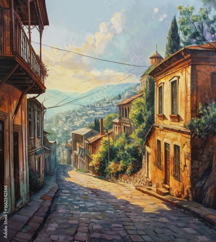 A picturesque view of a cobblestone street lined with historic buildings, illuminated by the warm glow of sunset.