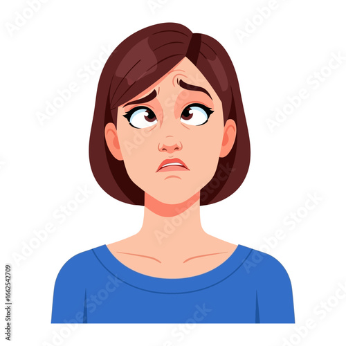 Confused Expression: A close-up depiction of a woman, illustrating a state of mental perplexity through emotive facial features.