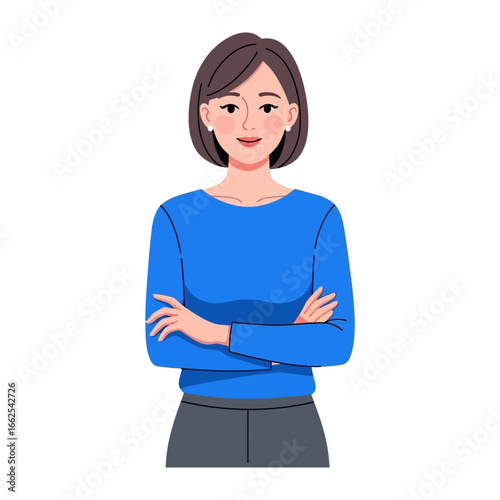 Confident Woman: A poised female figure exudes self-assurance with folded arms. This graphic illustration depicts a serene expression and subtle details, conveying poise and approachability. 