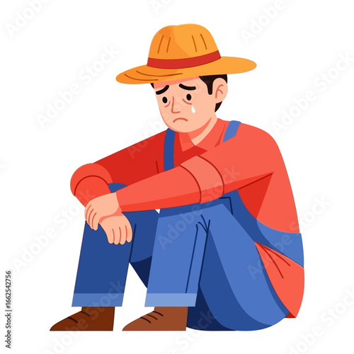 Distressed farmer: Illustration of a despondent farmer, a visual representation of hardship and emotional turmoil, sitting and conveying deep sadness.