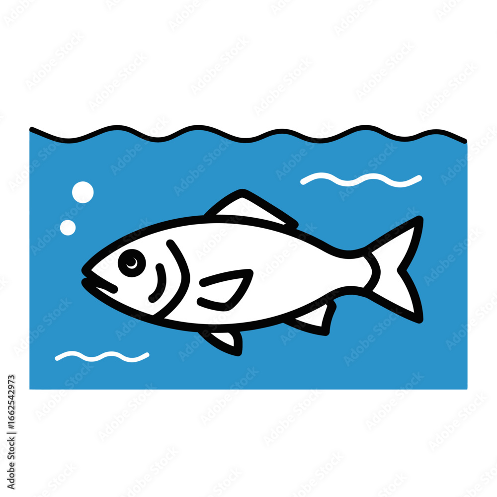 Naklejka premium Stylized White Fish Swimming in Blue Water with Bubbles.