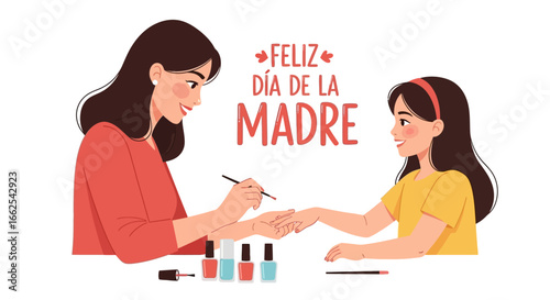 Mother lovingly paints her daughter's nails, celebrating Mother's Day with a cheerful, intimate moment.