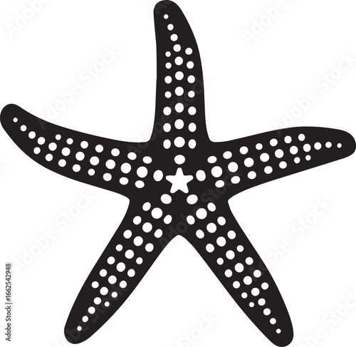 A black and white illustration of a starfish against a white background.