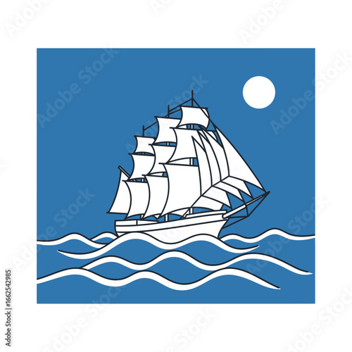 Stylized white sailing ship with full sails classic maritime vessel illustration.