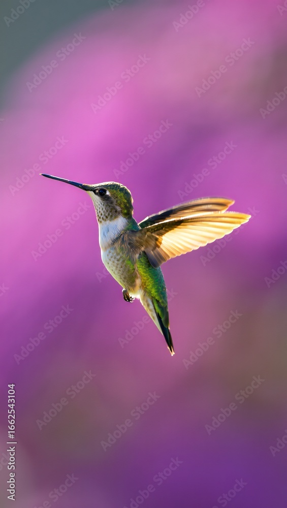 Naklejka premium Vibrant Hummingbird in Flight Against Purple Floral Background