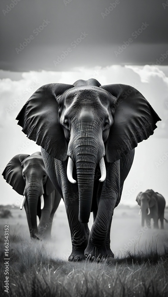 Fototapeta premium Majestic African Elephant Herd in Black and White Walking Across Savanna Grassland