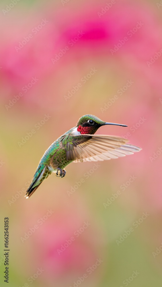 Fototapeta premium Vibrant Ruby throated Hummingbird in Flight Pink Floral Background Wildlife Photography