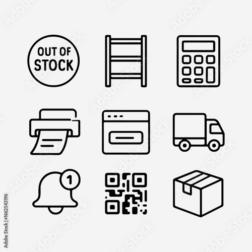 Collection of Ecommerce Icons Depicting Stock Status Shipping and Notifications.
