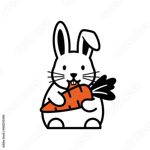 Adorable cartoon white rabbit holding a vibrant orange carrot.