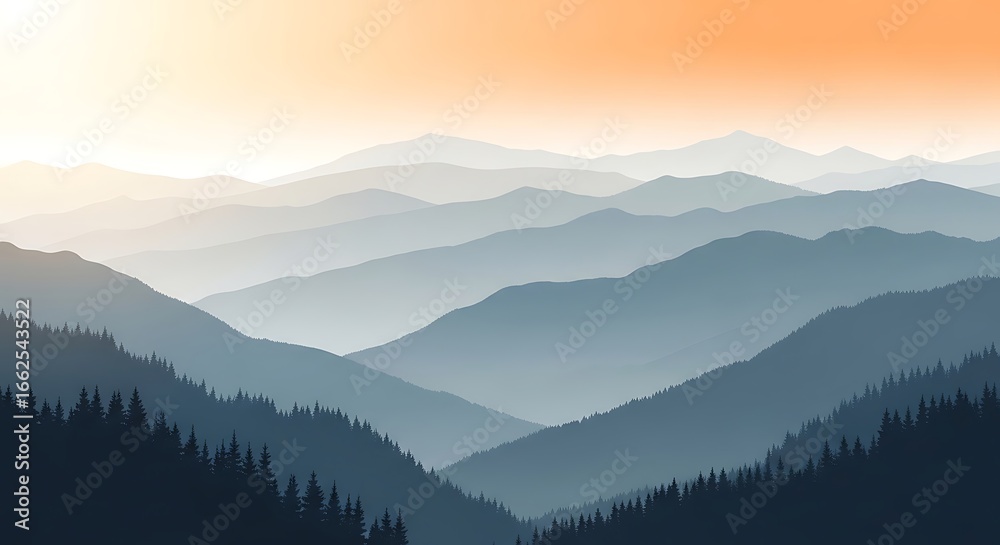 Obraz premium Serene Mountain Peaks at Sunrise with Hazy Layers