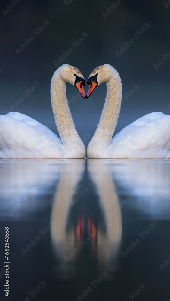Fototapeta premium Two Swans Forming a Heart Shape on Serene Water Romantic Wildlife Nature Scene