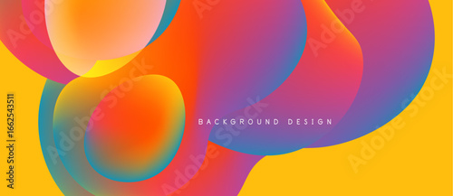 Abstract colorful shapes overlap, creating vibrant gradients. Yellow background complements fluid design, modern aesthetic.