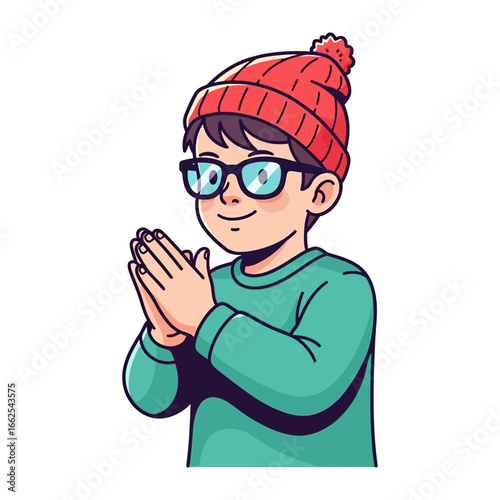 Warm Greetings: A charming child, radiating serenity and kindness, offers a heartfelt gesture with clasped hands, wearing a cozy hat and glasses. This illustration conveys peace, gratitude.