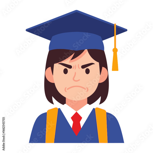 Frustrated Graduate: Capturing a close-up illustration of an unhappy graduate, their face etched with a blend of frustration and dissatisfaction.