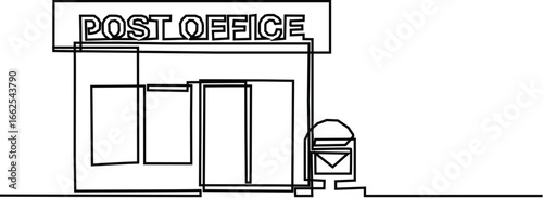 One line drawing of a post office with a mail symbol for communication and parcels transportation concept. Editable stroke.