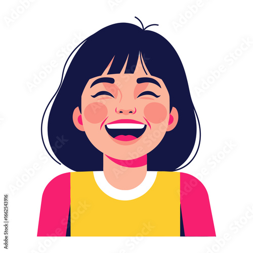 Joyful Revelation: An illustration of a woman radiating unbridled joy with a contagious, open-mouthed laughter. Capturing the warmth of human emotions and expression. 