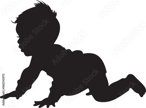 A black silhouette of a baby crawling on a white background.