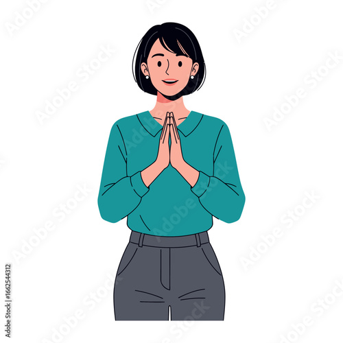 Polite Greeting: A smiling woman stands in a gesture of respect and welcome, her hands gently pressed together, radiating warmth and friendliness.