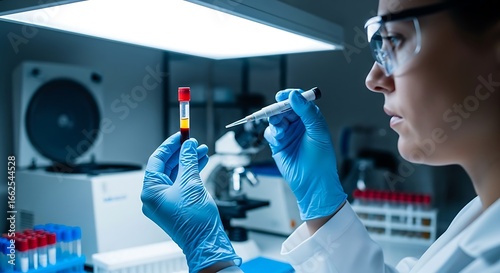 Scientist in lab coat analyzes blood sample with pipette under bright light