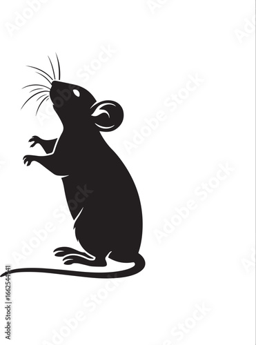 A black and white silhouette of a mouse standing on its hind legs with its front paws raised.