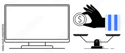 Computer monitor next to a hand holding a coin near scales, representing cost evaluation and financial decisions. Ideal for finance, technology, investment, value, balance, decision-making, business