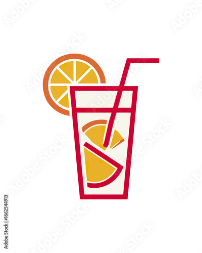 Red glass of orange juice with straw