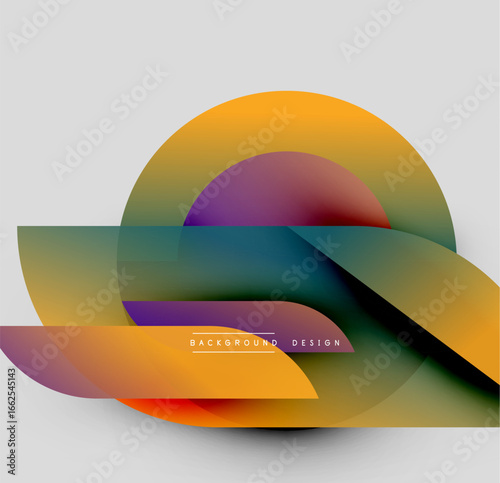 Abstract colorful shapes overlap, creating dynamic visual effect. Gradient hues blend smoothly, offering modern aesthetic.
