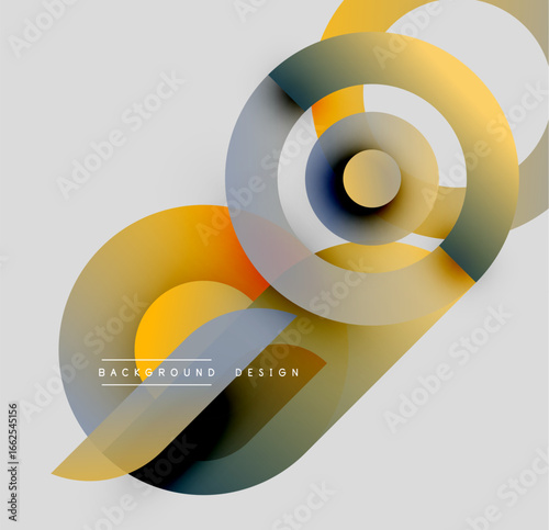 Abstract circles overlap, creating dynamic composition. Yellows, oranges, grays blend smoothly. Modern design element.