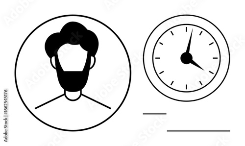 Black-and-white profile portrait beside a clock emphasizing person and time connection. Ideal for productivity, time management, scheduling, personal development, punctuality, efficiency, simple flat