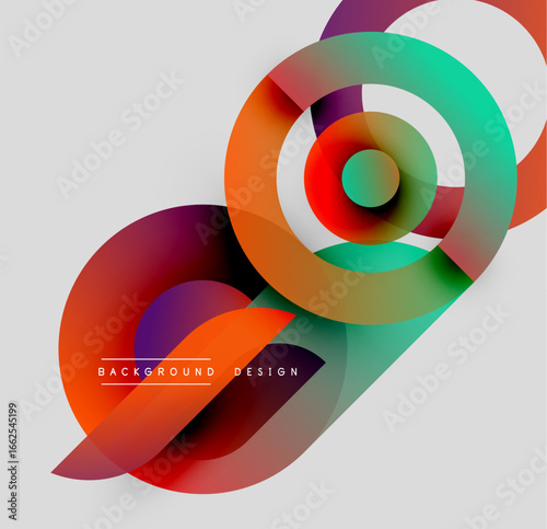 Abstract colorful overlapping circles create dynamic visual composition. Gradient shades blend smoothly, forming modern design element.