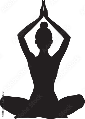 A black and white silhouette of a woman in a yoga pose against a white background.