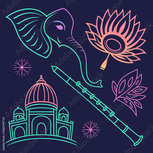 A modern and trendy gradient neon illustration set featuring iconic symbols and simplified deity motifs for Instagram stories and digital greetings