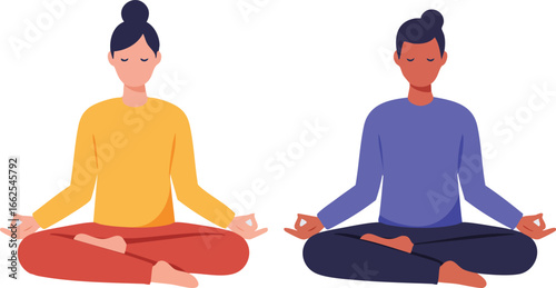 Meditation practice with man and woman sitting cross-legged in calm posture vector illustration 
